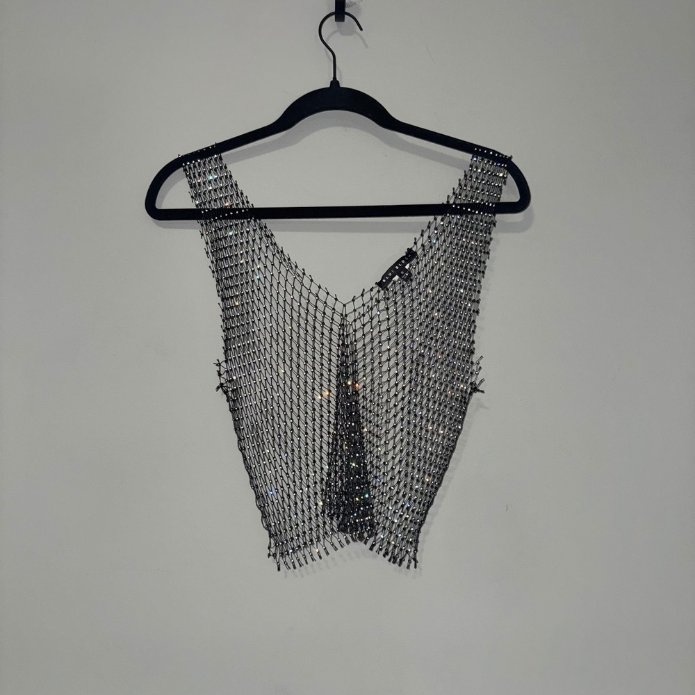 Blue Blush Black Rhinestone Mesh Crop‎ Top Sleeveless V-Neck Fishnet Festival S